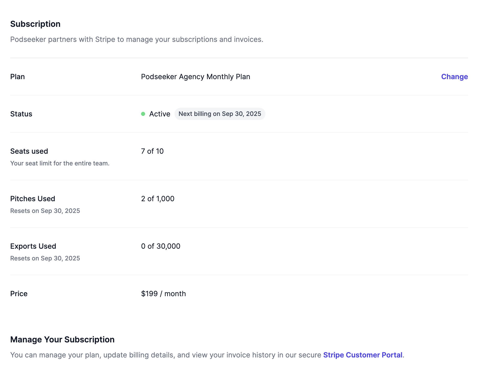 Podseeker billing page