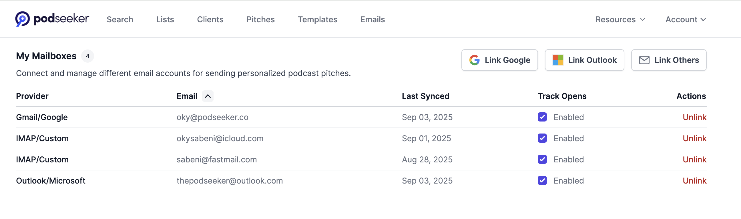 Podseeker mailboxes connect page