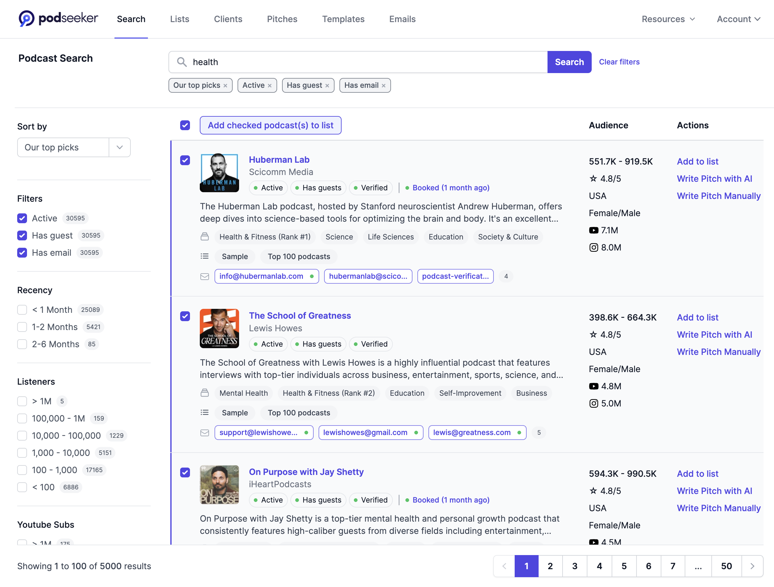 Podseeker podcast finder and add to lists