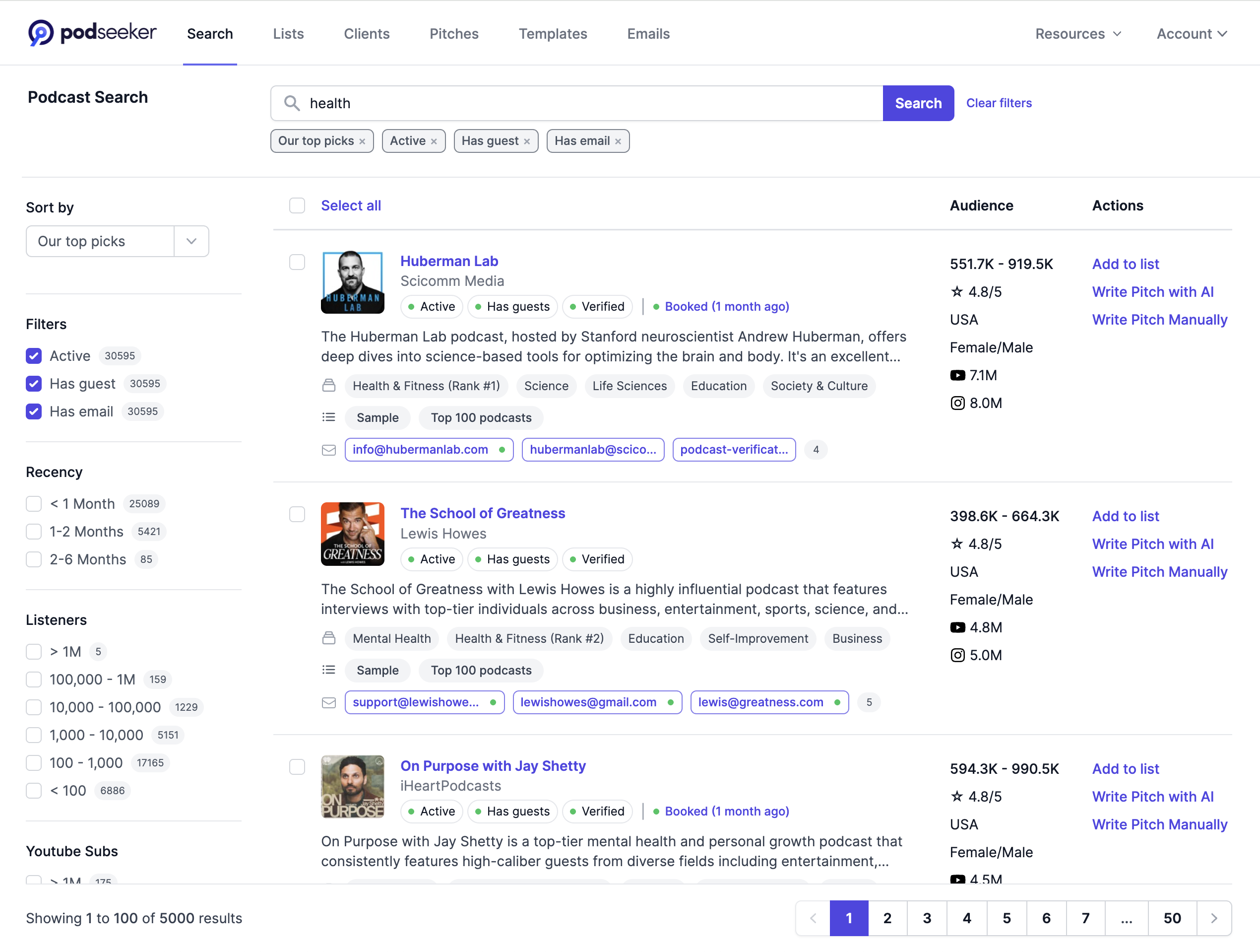 Podseeker search interface