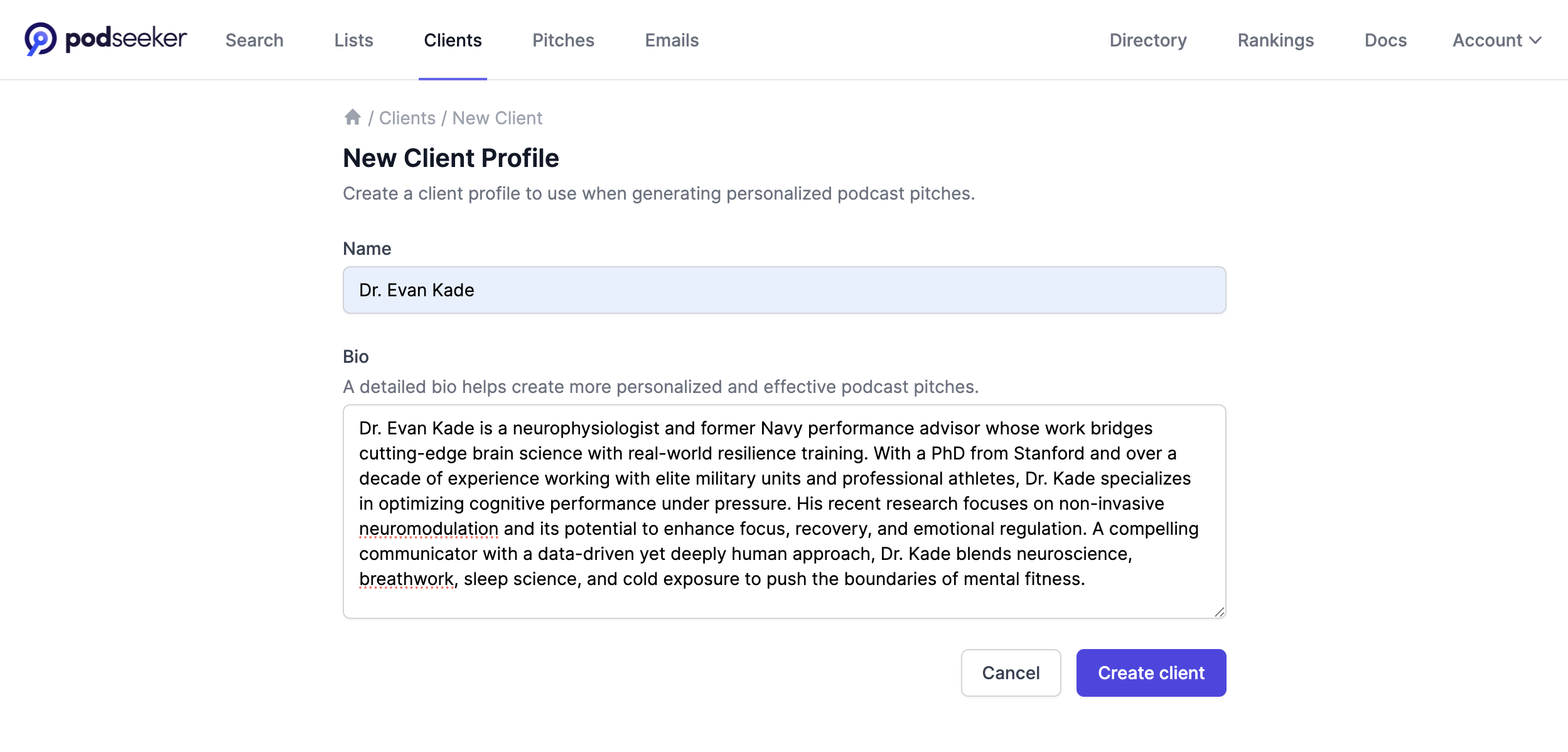 Podseeker 'Add Client' form with fields for name and bio.