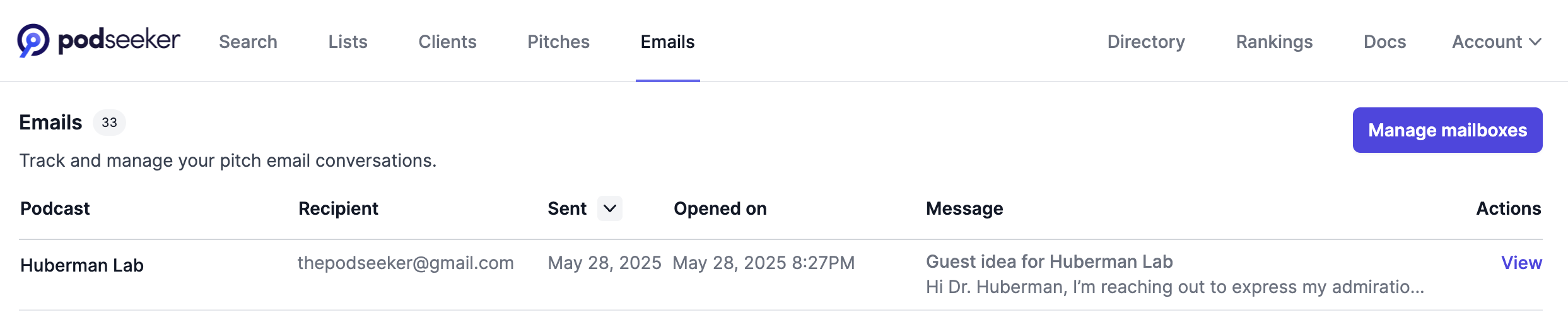 Podseeker Emails page showing a list of sent pitches with status indicators.