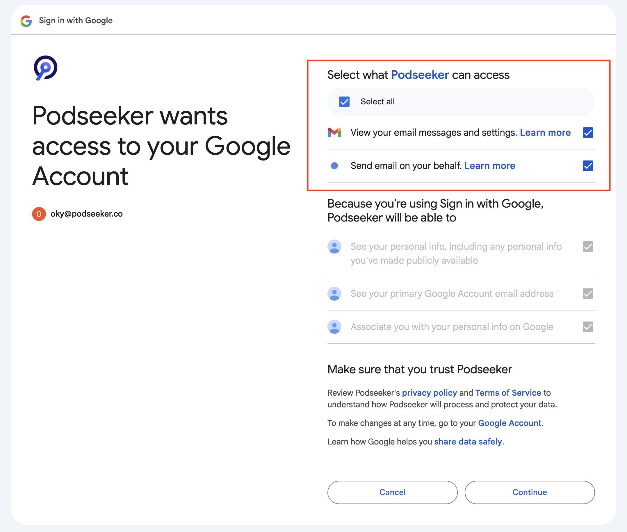 Google permissions screen for Podseeker integration.