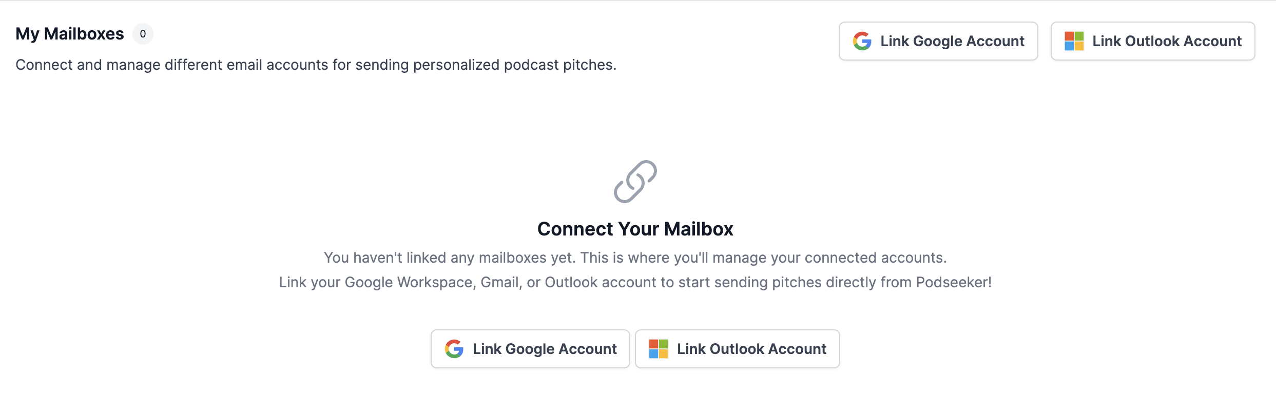 Mailboxes page showing 'Link Google Account' and 'Link Outlook Account' buttons.