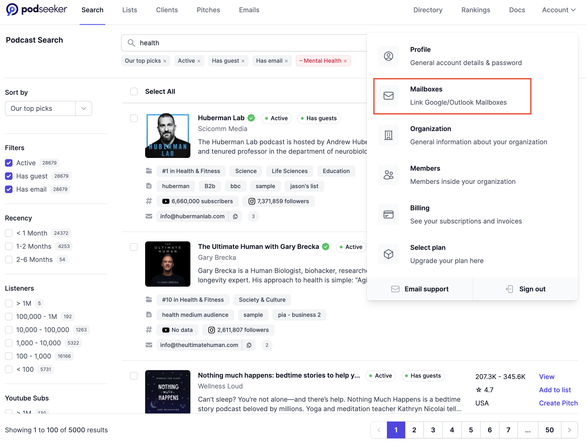 Podseeker navigation: Account dropdown with Mailboxes selected.