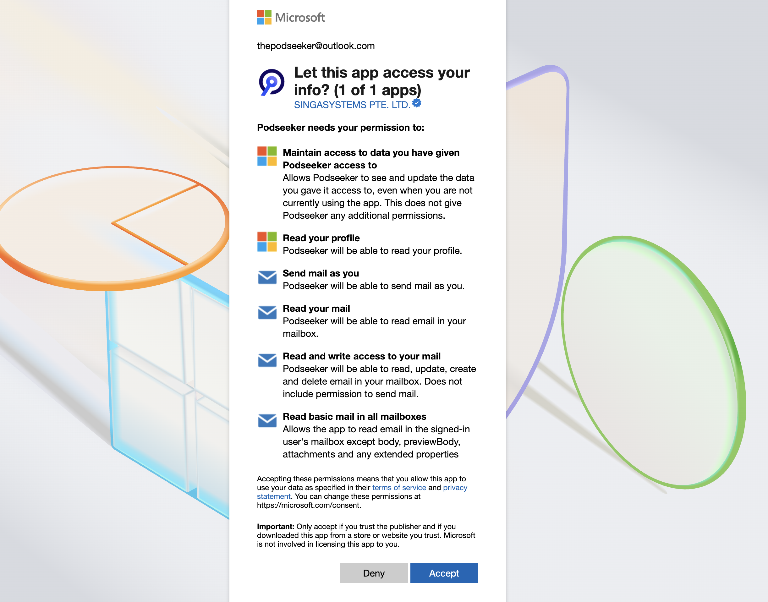 Microsoft Outlook permissions screen for Podseeker integration.