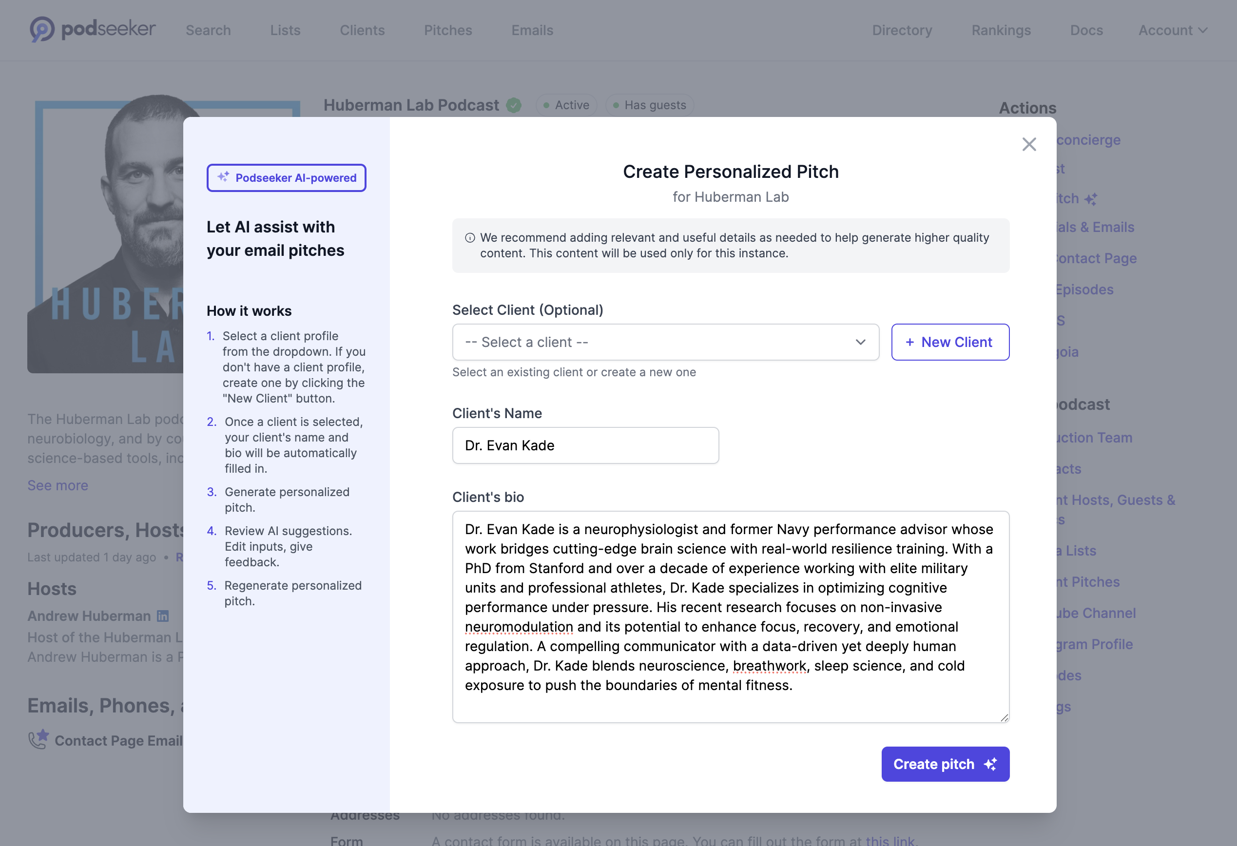 Pitch creation modal filled with Dr. Evan Kade's example details.