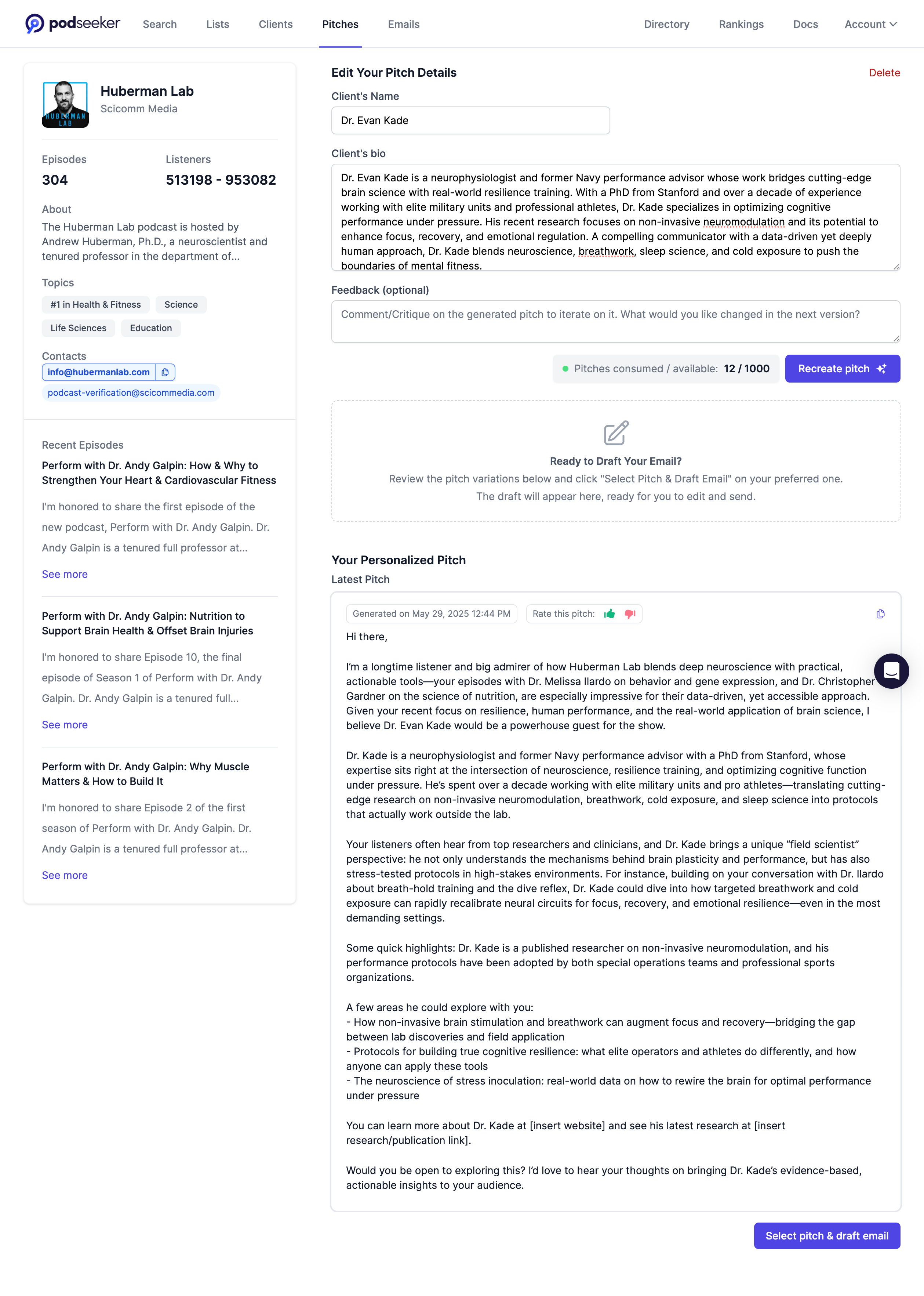 Podseeker's AI pitch generator and editor interface with podcast context and generated pitch.