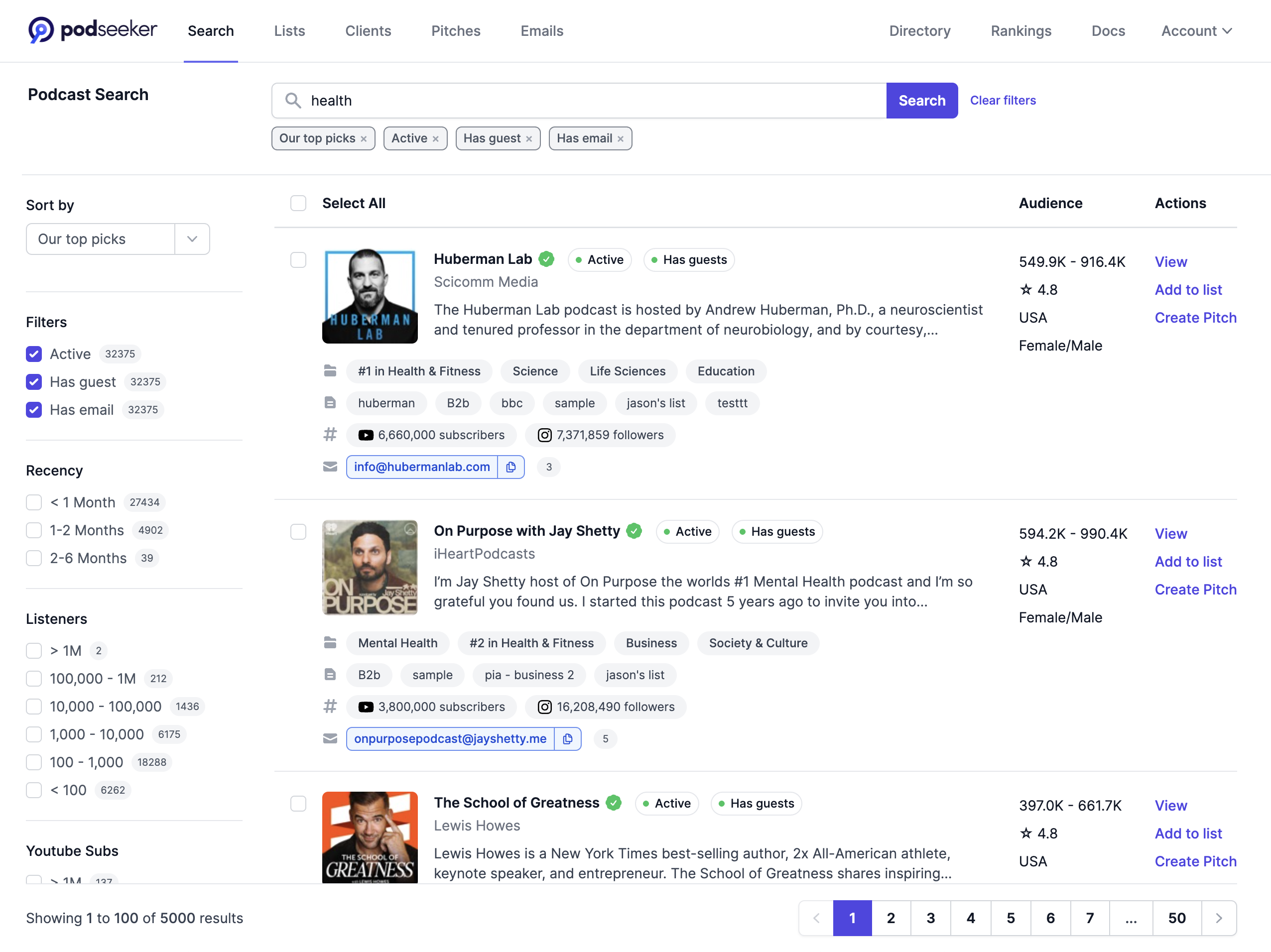 Podseeker's main podcast search interface.